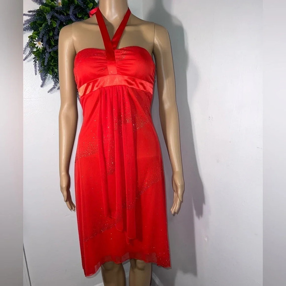 I.N. San Francisco, S, glitter chiffon overlay red strapless dress w/ halter tie - Picture 1 of 12